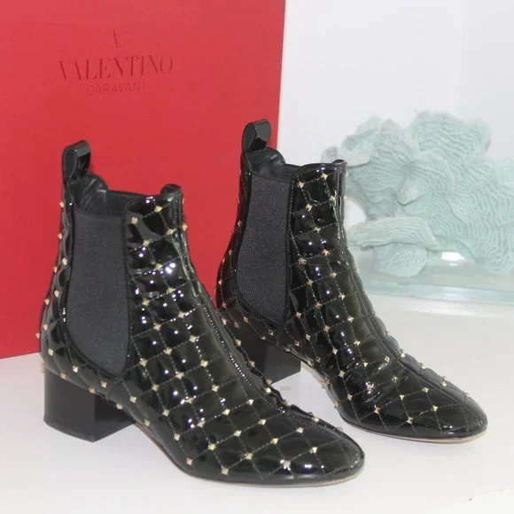 Valentino Rockstud Black Patent LeatherAnkle Boot W/box. Size 37 Made In Italy - Picture 1 of 8